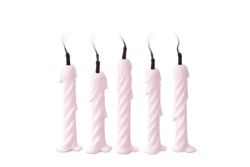 Pink birthday candles extinguished with melted wax drips, celebrating end of party or forgotten wishes, transparent background