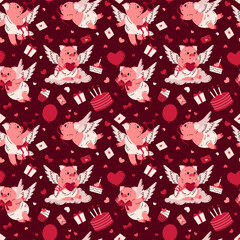 Cute pink pigs with wings. Valentine's Day. Seamless pattern. Romantic holiday. February 14. Love. Heart, balloon, lira, bow and arrow, sweet cake. Cartoon characters. Vector illustration.