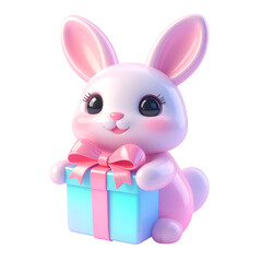 Obraz premium Gift-Bearing Bunny: A charming bunny, radiating joy, lovingly clutches a brightly wrapped present, its eyes filled with anticipation and delight.