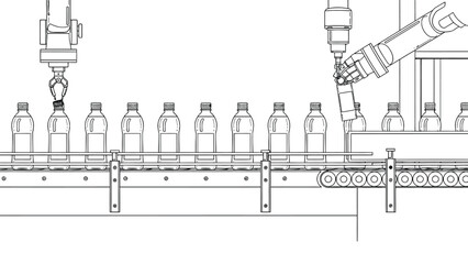 Modern factory scene showing robotic arms on a conveyor filling bottles along an assembly line. Clean, precise automation conveys efficiency, production speed, and industrial packaging in a beverage