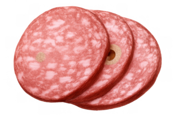 Salami slices with green olives, traditional italian deli meat, cold cut food appetizer, transparent background