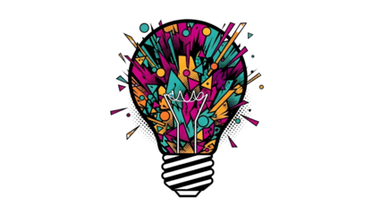 Colorful Abstract Graffiti Light Bulb with Geometric Splatters, PNG on Transparent Background for Creative Ideas and Innovation Projects