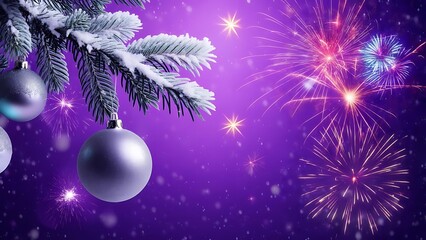 A wintry scene frosted evergreen boughs with silver ornaments, set against a violet backdrop of festive fireworks and falling snow