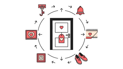 Love's Entourage: A symbolic representation of love's journey, with a heart-adorned door at the center, surrounded by elements representing key moments and steps of a relationship.