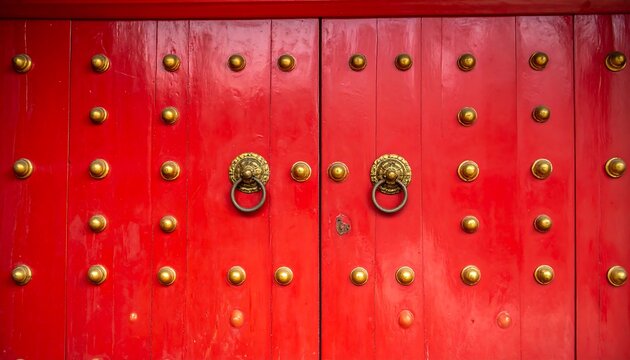Traditional Chinese Red Doors with Golden Hardware.