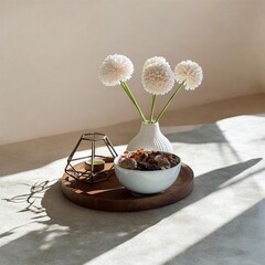 Minimal still life with white flowers in ceramic vase, candle holder and bowl on wooden tray in soft natural light, creating calm home decor scene.