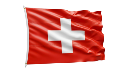A vibrant Swiss flag waving proudly, with its iconic white cross against a red backdrop. The flag's dynamic motion evokes a sense of national pride and unity.