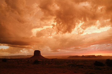 Sunset in Monument Valley National Park. The setting sun before the rain.