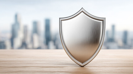 Advertising banner with a metallic shield on a table against a blurred city background, symbolizing insurance protection, reliability, and business security.