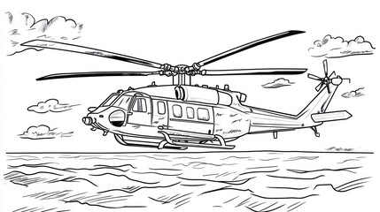 Black and white helicopter drawing over sea