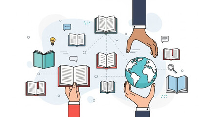 Global education and knowledge sharing concept with hands holding books and globe
