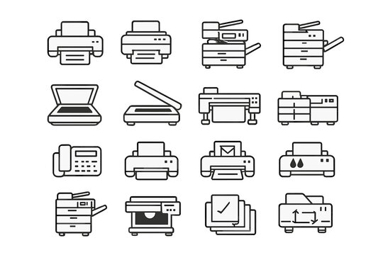 Set of icons representing various printing and scanning devices
