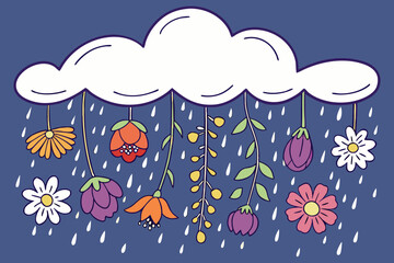 Cute illustrated cloud with hanging flowers and falling rain creating playful nature themed cartoon artwork