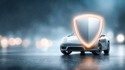 Auto insurance banner featuring a car model protected under a transparent shield, symbolizing vehicle safety, coverage, reliability and risk protection.