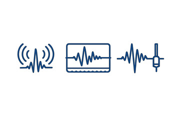 Abstract waveform icons with blue neon glow on grey background