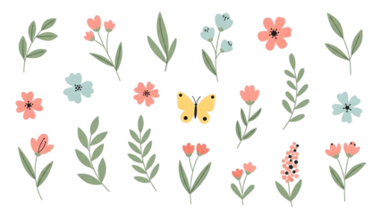 Peach and Coral Floral Collection with Yellow Butterfly and Green Leaves, transparent background, PNG image for Wedding Decor and Summer Stationery.