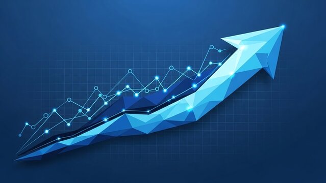 Blue geometric arrow with upward trending line graph and connected nodes on a dark grid background - Powered by Adobe