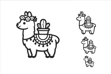 Fototapeta premium Cute cartoon llama with flower crown and cactus decoration