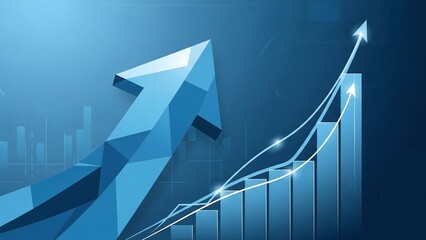 Blue geometric arrows and upward trending line graph with cityscape background representing growth and success