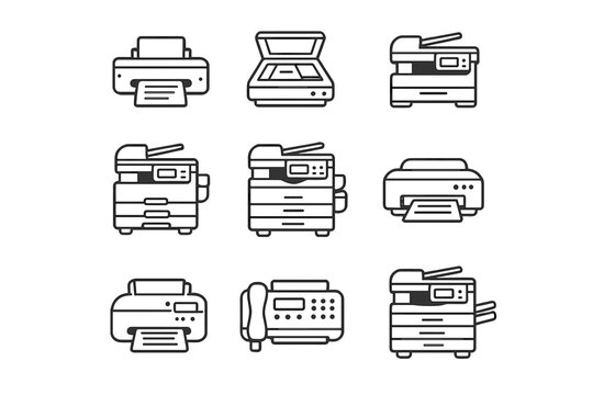 Set of nine office machine icons on a gradient background