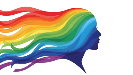 Abstract Female Silhouette with Colorful Rainbow Flowing Hair, Transparent Background, PNG Image for Beauty, Diversity, and Creative Design Projects