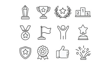 Set of white line art icons for achievements and awards on a gray background