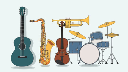 Assorted Musical Instruments Displayed Together Including Guitar Saxophone Violin Trumpet and Drums
