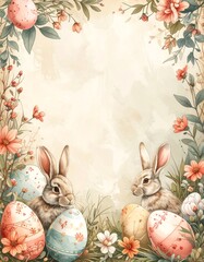 Easter bunnies with eggs and flowers.