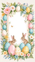 Easter Bunny Frame with Flowers and Eggs.