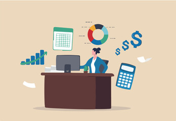 Accountant calculate tax, finance or accounting document, manage invoice, office financial chart and graph, money report or balance audit concept, businesswoman accountant working in the office