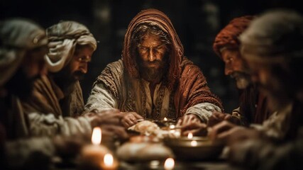 Medieval Monks at Prayer, Illuminated by Candlelight - Historical Scene, Religious Ritual, Still Life Photography