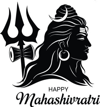 Maha Shivratri vector illustration featuring black silhouette profile of Lord Shiva with Trishula damru and elegant holiday typography.