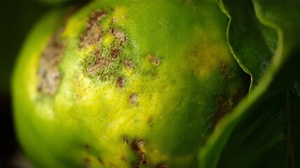 spoilage. Decaying fruit with natural deterioration on a leaf, organic texture. menu design, packaging mockups, designed for culinary blogs and recipe cards for restaurants, used by health educators.
