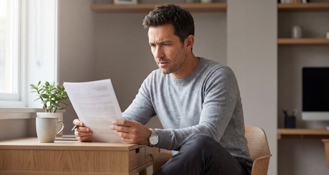 Man reading terms of service while sitting at desk indoors  