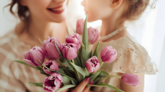 Close-up of daughter giving a bouquet of pink tulips to smiling mom, Soft Focus Background. Mother's Day concept. 8th March, womens day and emotional floral themes