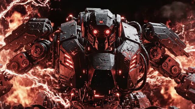 Robotic Guardian: A formidable robotic guardian stands amidst a fiery inferno. This scene depicts a powerful machine in a dystopian or futuristic setting, showcasing advanced technology and strength.