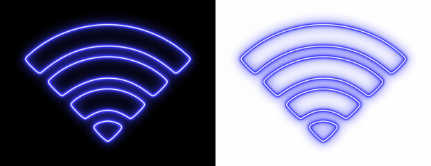 Blue neon Wi-Fi signal icon glowing on black and white backgrounds, bright wireless internet outline symbol for technology and UI design