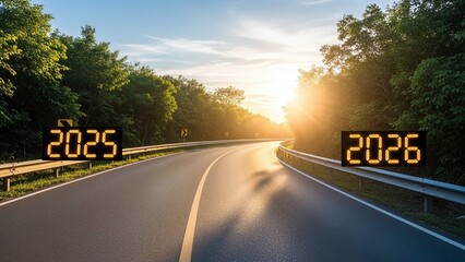 Empty highway with digital road signs displaying 2025 and 2026 during a sunrise or sunset with trees on both sides