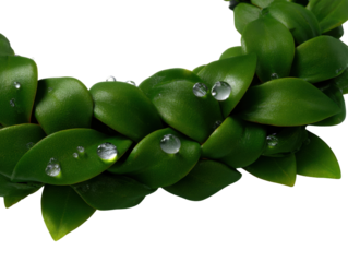 Vibrant green leaf braid with dew drops on black background