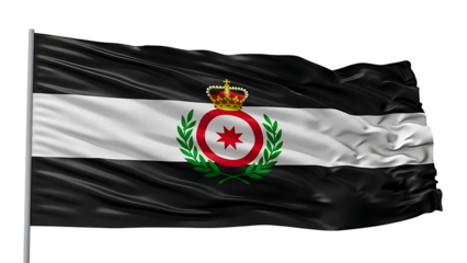 A waving flag, proudly displaying its design. The flag's pattern is a striking visual statement. The flag design includes a detailed emblem, including a crown and a star