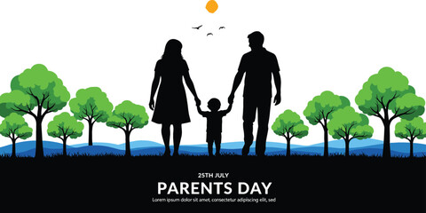 Parents Day vector landscape featuring family silhouettes walking among green trees on a sunny summer day holiday background.