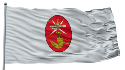 Flag of City waving in the wind with detailed features. The flag features a distinct emblem set against a white backdrop.