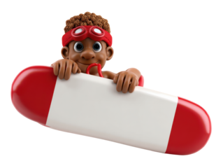 Cartoon character with red and white surfboard and goggles