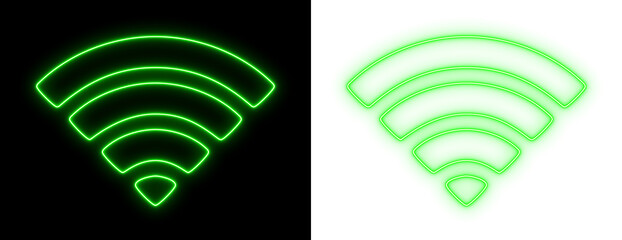 Green neon Wi-Fi signal icon glowing on black and white backgrounds, bright wireless internet outline symbol for technology and UI design