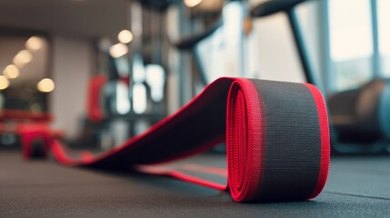 taut. Elastic exercise band stretched taut during workout, textured rubber material. event key visuals, club posters, designed for sports event promotions and stadium branding, boosts motivation.
