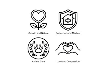 Four icons representing growth, protection, animal care and love growth nature protection