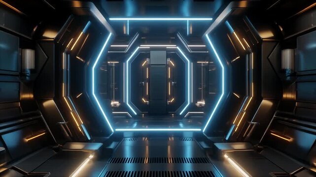 Dynamic Flight Through a Futuristic Sci-Fi Spaceship Corridor with Glowing Blue and Orange Neon Lights.