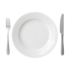 Cutlery set with plate. Table setting. White ceramic plate or dish with metallic stainless steel silver fork and knife.