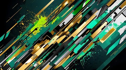 Abstract digital art with angled lines, splashes of color, and geometric shapes in green, gold, and white