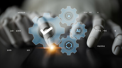 A robotic hand interacts with digital gears and icons, symbolizing the intersection of technology and innovation in a modern workspace focused on automation. Gantry